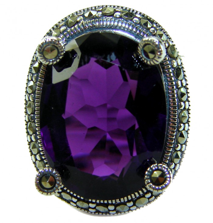 Purple Queen 20.2 carat natural Amethyst .925 Sterling Silver Handcrafted Large Ring size 8 - Close-up of Purple Queen amethyst ring with silver detailing.