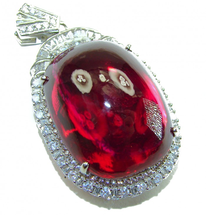 Rare finding! Deluxe 47.2 carat authentic Kashmir Ruby rhodium over .925 Sterling Silver handmade Statement Pendant - Close-up of deluxe 47.2 carat Kashmir Ruby pendant with diamond accents.