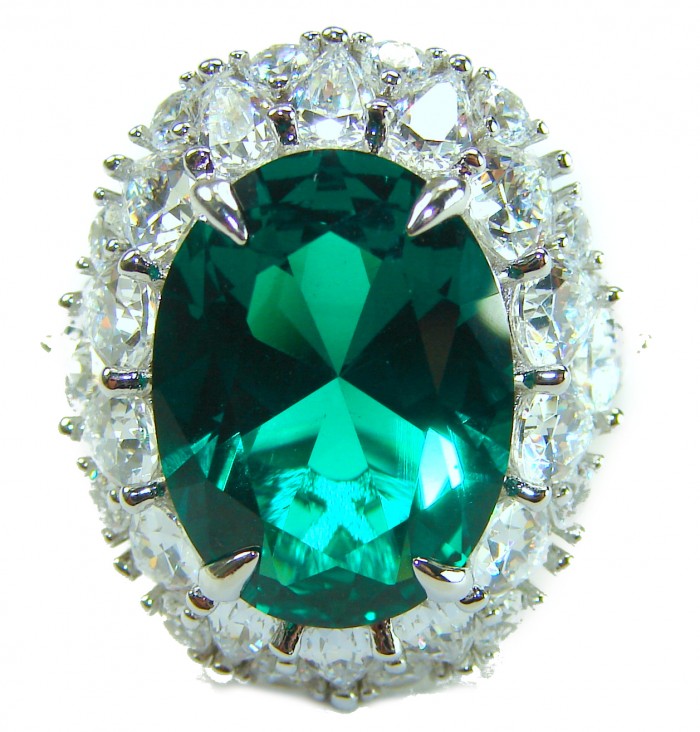 Green Royalty Natural 15.6 carat Chrome Diopside .925 Sterling Silver ring size 5 - Close-up of Green Royalty 15.6 carat Chrome Diopside ring with diamonds