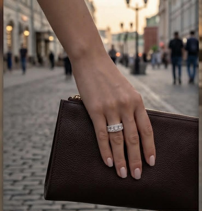 Art Deco - Classic Beauty 4.5 carat White Topaz .925 Sterling Silver Statement ring size 6 1/4 - White topaz ring, 4.5 carat, worn on hand holding a brown clutch.