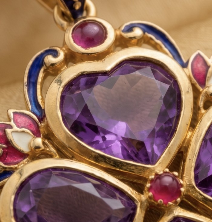 Countless Blessings Genuine 28.5 carat Authentic Amethyst enamel 22K Gold over .925 Sterling Silver handmade Pendant - Close-up of ornate amethyst pendant with gold and enamel detailing.