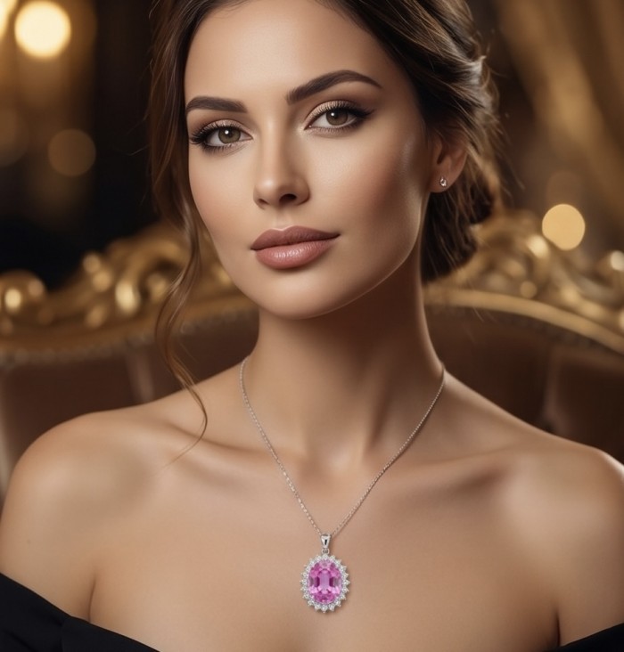 Incredible oval cut 15.8 carat Pink Sapphire .925 Sterling Silver handcrafted pendant - Woman wearing 15.8 carat pink sapphire pendant, front view