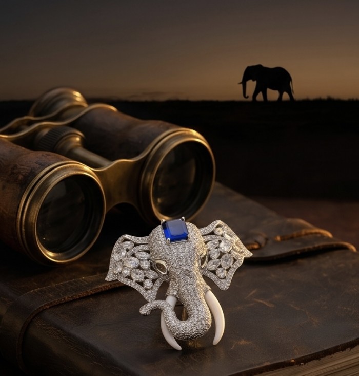 Attract YOUR Luck - ELEPHANT- 5.2 CARAT Sapphire .925 Sterling Silver dipped in rhodium handcrafted Pendant Brooch - Elephant brooch with sapphire, binoculars in background, elephant silhouette