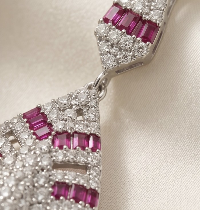 Art Deco - Izabella Luxurious natural 4.9 carat Ruby .925 Sterling Silver handmade necklace - Close-up of Art Deco jewelry showcasing rubies and diamonds.