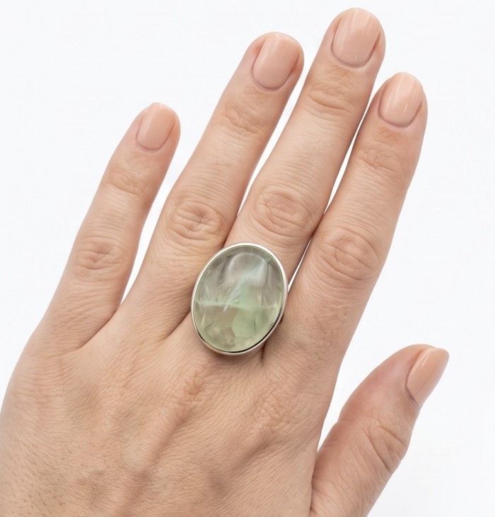 Outstanding LARGE 29.5 carat Natural Prehnite from Scotland .925 Sterling Silver handmade ring s. 9 1/2 - Prehnite ring with large stone worn on hand, front view.