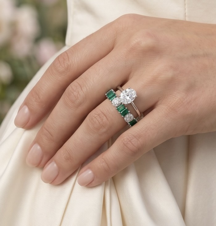 Art Deco 6.7 carat Emerald .925 Sterling Silver handcrafted Ring size 6 1/2 - Hand wearing Art Deco 6.7 carat emerald and diamond ring set on silk.