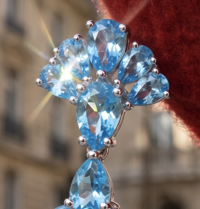 Atlantica - 12.5 carat Swiss Blue Topaz .925 Sterling Silver Handcrafted Statement Earrings - Close-up of Atlantica Swiss Blue Topaz earrings in sunlight.
