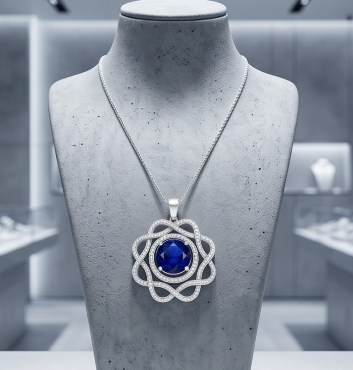 Julietta 4.5 carat genuine Sapphire .925 Sterling Silver dipped in rhodium handmade Pendant - Front view of Sapphire necklace with 4.5 carat stone in sterling silver.
