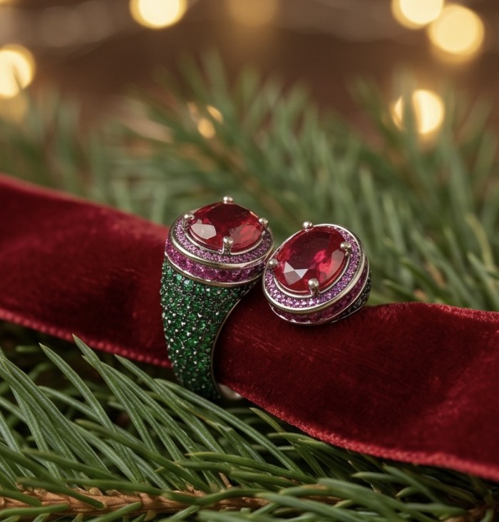 Giovanna Natural 8.6 carat Ruby pave Emerald .925 Sterling Silver dipped rhodium handmade Statement Ring size 8 - Close-up of ruby and emerald ring on red velvet with pine branches.