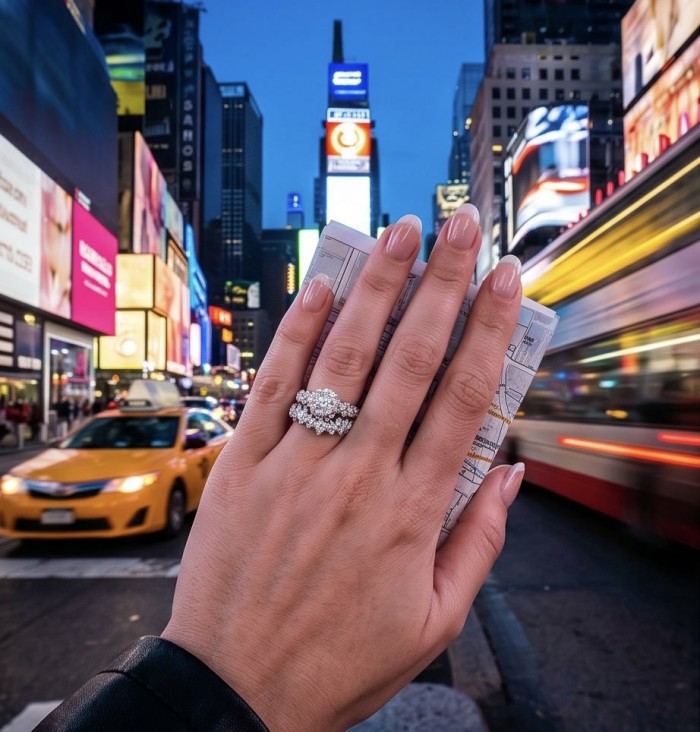 Aphrodite - 4.8 carat White Topaz Sterling Silver handcrafted stack up ring size 7 - Worn on hand, showcasing Aphrodite 4.8 carat white topaz ring in cityscape.