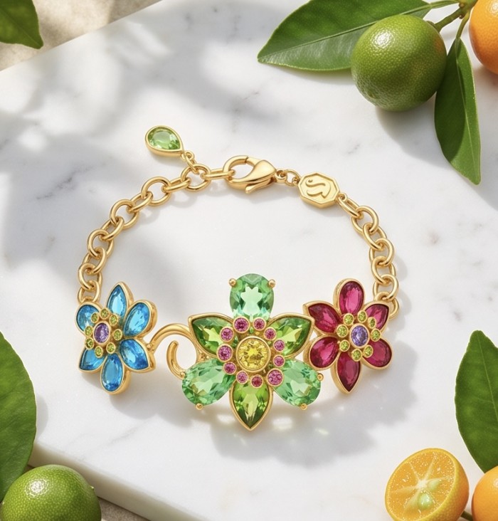 35.2 carat Blooming Garden Natural multicolot Topaz 14k Gold over .925 Sterling Silver handcrafted Statement Bracelet - Top view of Blooming Garden multicolor topaz 14k gold bracelet on display.