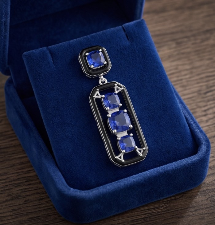 8.5 carat Art Deco Sapphire black enamel .925 Sterling Silver handcrafted Pendant - Art Deco sapphire pendant in blue box, top view close-up.
