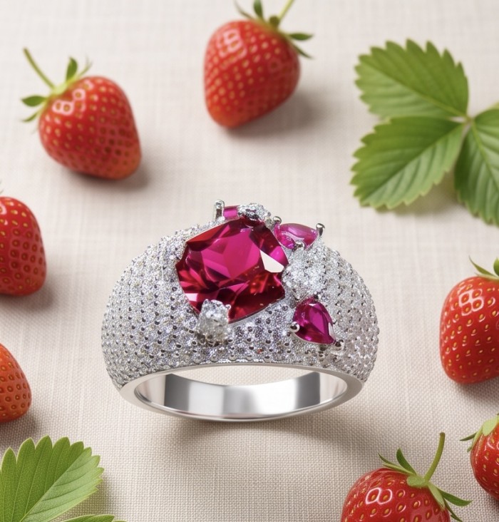 Scarlett 4.4 ctw Mozambique Ruby .925 Sterling Silver handcrafted Statement Ring size 8 - Ruby ring close-up with strawberries, Scarlett 4.4 ctw Mozambique.