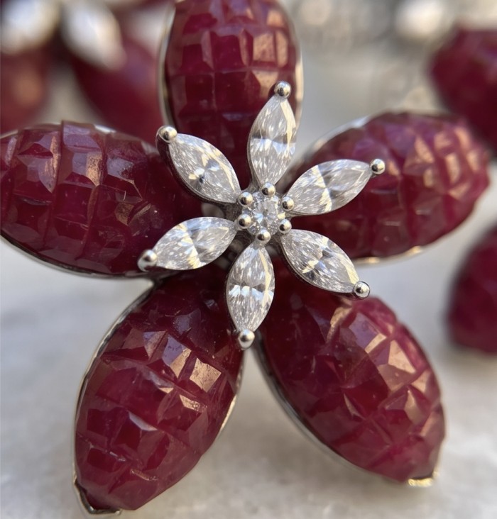 Giuseppina - mystery setting 7.8 carat authentic Ruby .925 Sterling Silver handcrafted Statement earrings - Close-up of Giuseppina mystery setting ruby flower-shaped jewelry.