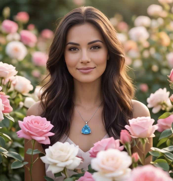 Trillion cut 28.5 carat Vintage style Swiss Blue Topaz .925 Sterling Silver DIPPED IN RHODIUM handmade Pendant - Woman wearing Swiss Blue Topaz necklace in a garden.
