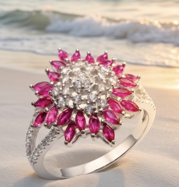 Scarlett 2.4 ctw Mozambique Ruby .925 Sterling Silver handcrafted Statement Ring size 8 - Close-up of Scarlett Mozambique Ruby ring on sand with ocean background.