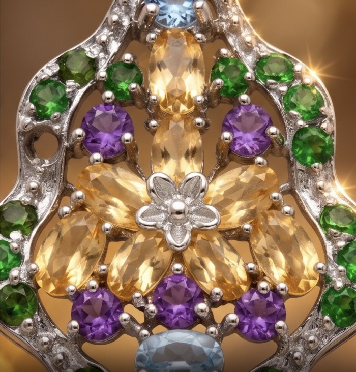 Giovanna - Authentic 18.9 carat Brazilian Citrine .925 Sterling Silver dipped in rhodium handcrafted Statement Pendant - Stone close-up of Giovanna jewelry with citrine and colorful gems