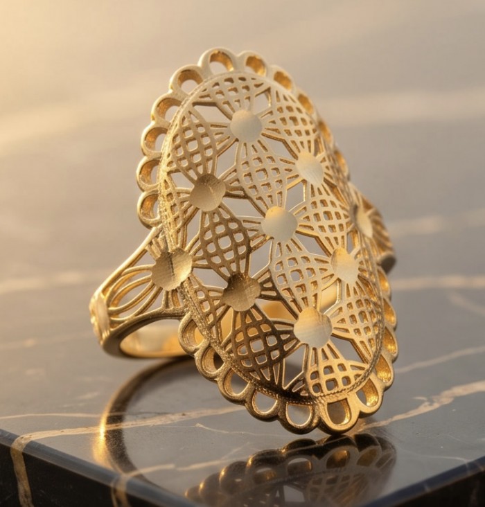 GOLDEN ROSE - Dubai Style - .925 Sterling Silver dipped in 22K Gold handmade ring size 9 - Intricate gold ring, top view, Dubai style, on black marble surface.