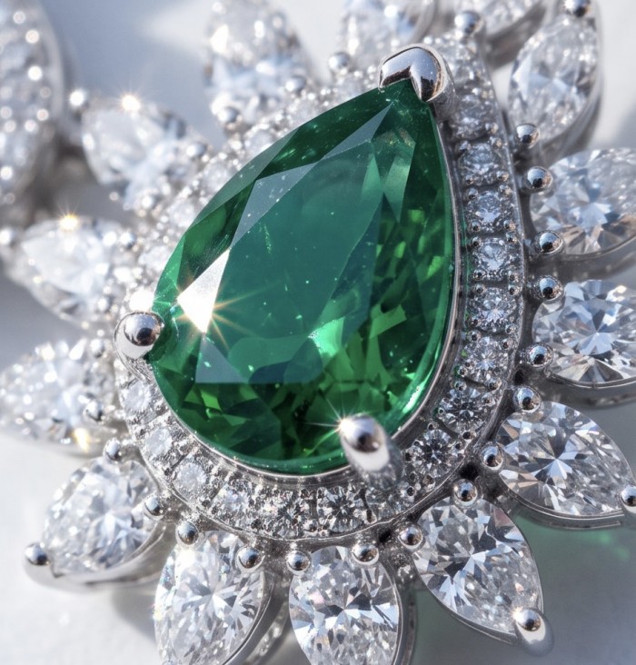 Giovanna - Authentic 4.5 carat Colombian Emerlad .925 Sterling Silver handcrafted Statement bracelet - Close-up of Giovanna Colombian emerald and diamond earrings