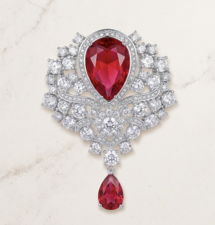 Heirloom Genuine 23.7 carat Kasmir Ruby .925 Sterling Silver handmade Pendant - Brooch - Close-up of Heirloom 23.7 ct Kashmir Ruby with diamond accents.