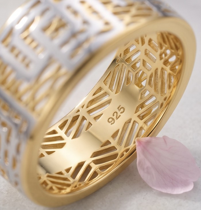 Secret code Precious Natural 18K Gold over .925 Sterling Silver Women ring size 8 - Close-up of lattice design on 18K gold over .925 sterling silver ring.
