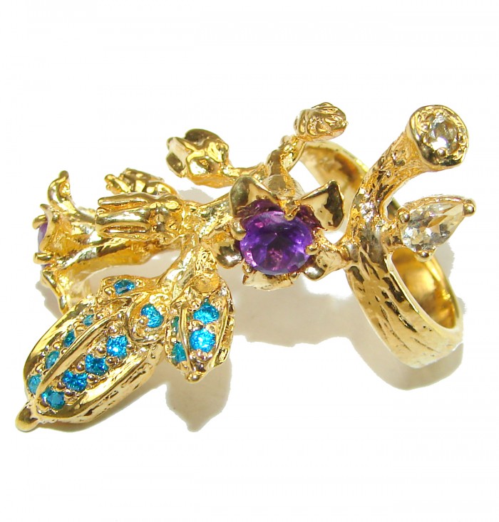 Exotic Flowers Amethyst 14K Gold over .925 Sterling Silver handcrafted Statement Ring size 6 3/4 - photo 2