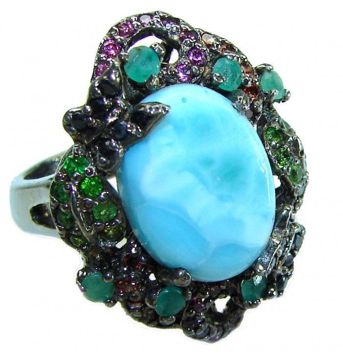 Precious authentic 10.5 carat Blue Larimar black rhodium over .925 Sterling Silver handmade ring size 7 3/4 - photo 3