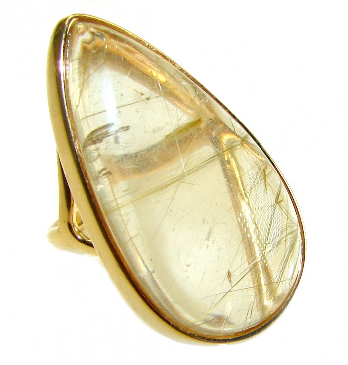 Vintage Design 28.2 carat Himalayan Golden Rutilated Quartz 14K Gold over .925 Sterling Silver handcrafted Ring Size 6 1/2 - Close-up of vintage 28.2 carat Himalayan golden rutilated quartz ring
