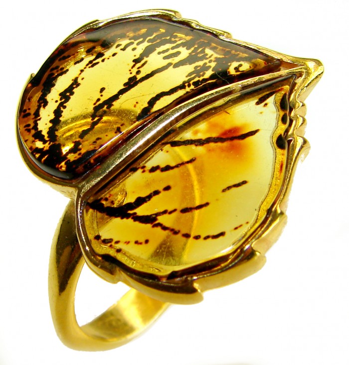 Authentic carved Baltic Amber .925 Sterling Silver dipped in 18K Gold handcrafted ring; s. 8 adjustable - Close-up of carved Baltic Amber ring in Sterling Silver dipped setting.