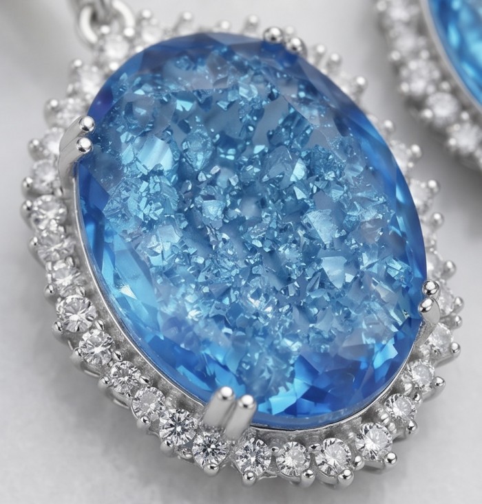 Angelina 14.9 carat authentic Swiss Blue Topaz .925 Sterling Silver Handcrafted Earrings - Close-up of Swiss Blue Topaz stone in sterling silver setting