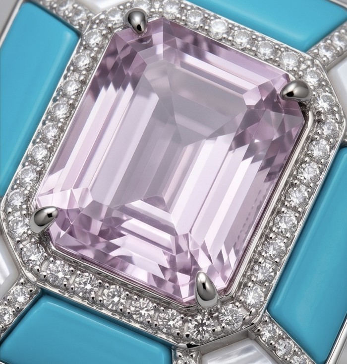 Emily - Art Deco -Precious genuine 10.2 carat Kunzite inlay Turquoise .925 Sterling Silver handcrafte Cocktail Ring s. 7 1/4 - Close-up of Art Deco Kunzite ring with diamonds and turquoise inlay.
