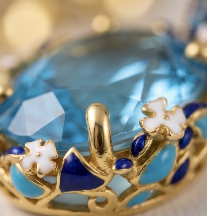 Atlantica - amazing quality heart cut 22.5 CARAT genuine Swiss Blue Topaz enamel 22K Gold over .925 Sterling Silver handmade pendant - Close-up of blue gemstone with gold floral setting details