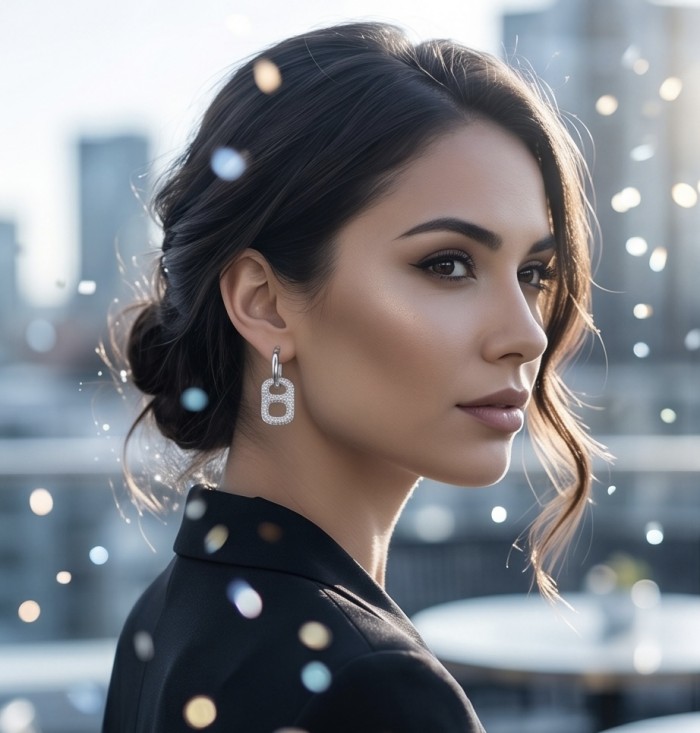 Precious Memories 2.5 carat pave White Topaz .925 Sterling Silver Handcrafted Statement earrings - Side view of Precious Memories white topaz earrings worn by a woman.