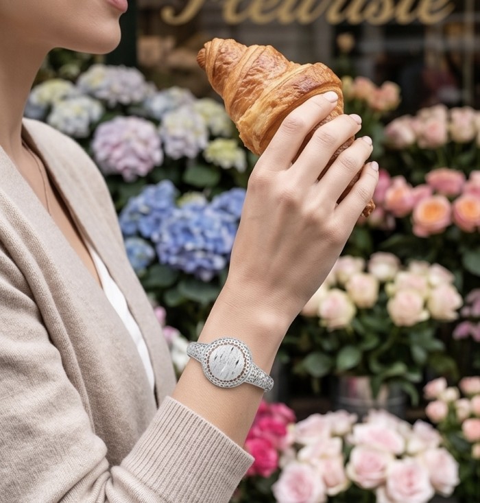 Casablanca - authentic .925 Sterling Silver Bracelet - Worn on hand; silver bracelet with a croissant in floral background.