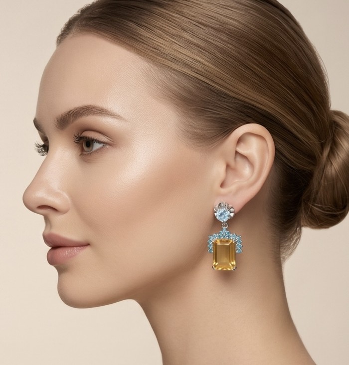 Summer Time 17.8 carat Lemon Quartz rhodium over .925 Sterling Silver handcrafted Statement Earrings - Side view of woman wearing Summer Time 17.8 carat Lemon Quartz earring.