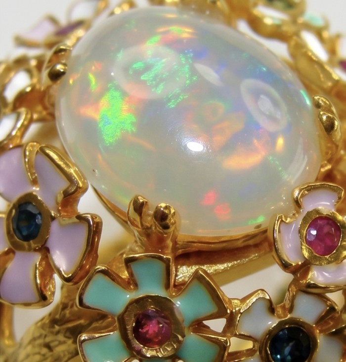 Enchantment Genuine 10.8 carat Opal 18K Gold over .925 Sterling Silver handmade Ring size 6 1/4 - Close-up of opal surrounded by floral enameled gold detailing