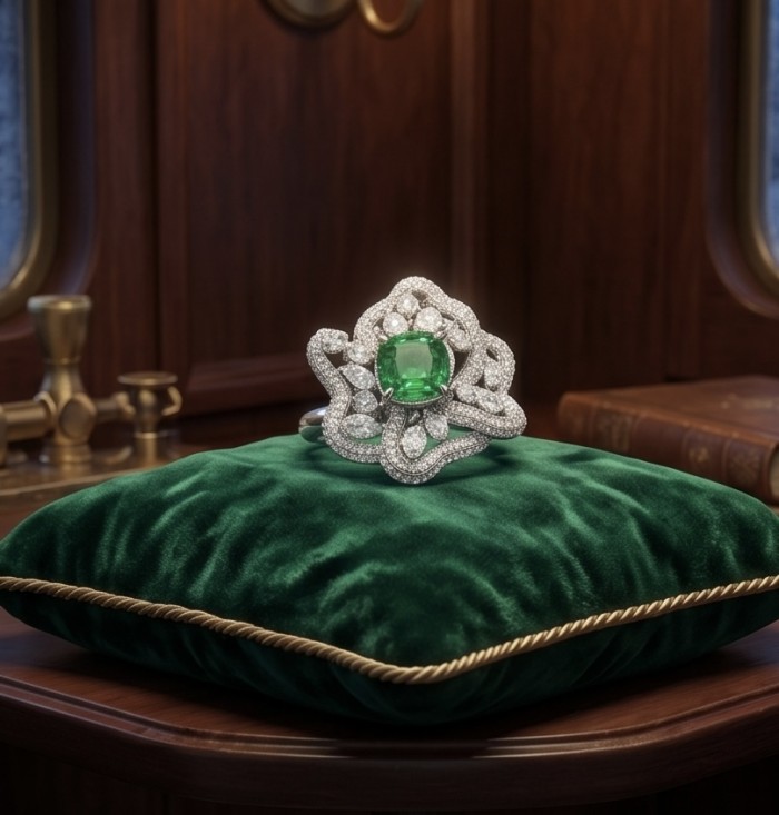 Exotica Natural 5.4 carat Tsavorite Garnet .925 Sterling Silver handmade Large Statement Ring size 7 - Ornate ring with Tsavorite garnet on green cushion, front view.