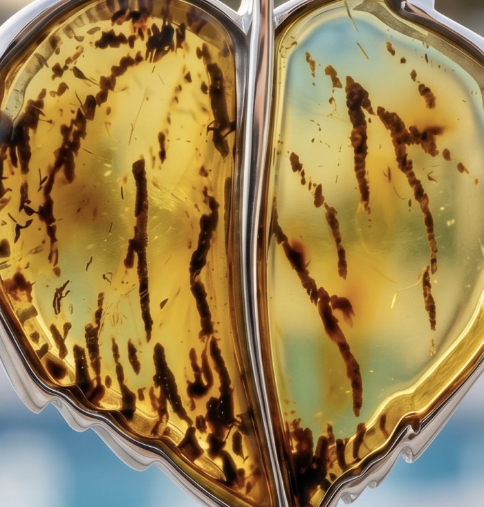 Golden Leaf carved Baltic Polish Amber .925 Sterling Silver handcrafted Pendant / Brooch - Close-up of carved amber leaf in sterling silver setting.
