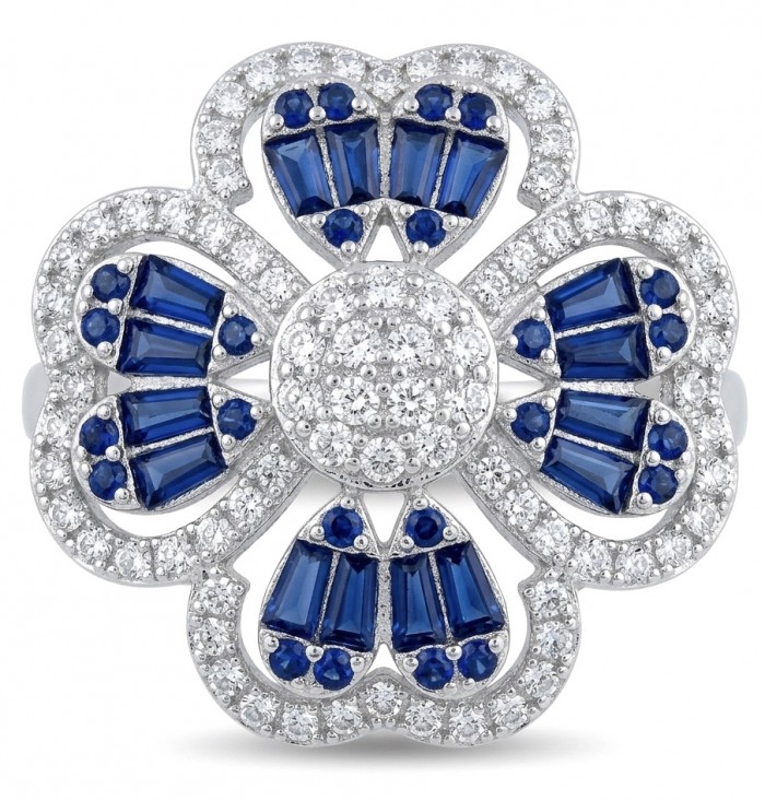 Art deco - Real 3.2 carat Sapphire Italy Made Silver Sterling Silver spinning ring s. 8 1/4 - Floral ring with sapphires and diamonds, top view.