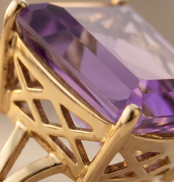 Empress of Uruguay 31.2 carat natural Amethyst .925 Sterling Silver dipped in 22K Gold Handcrafted Ring size 7 - Close-up of Empress of Uruguay Amethyst ring in gold setting