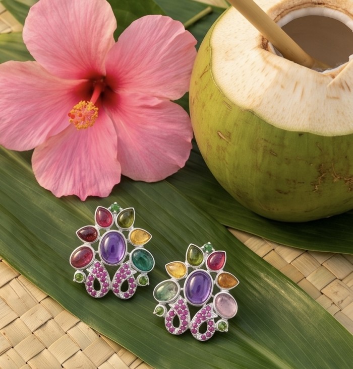 Dolce Vita Genuine 15.9 carat Brazilian Amethyst rhodium over .925 Sterling Silver handcrafted Statement handcrafted earrings - Colorful gemstone earrings with a pink flower and coconut background