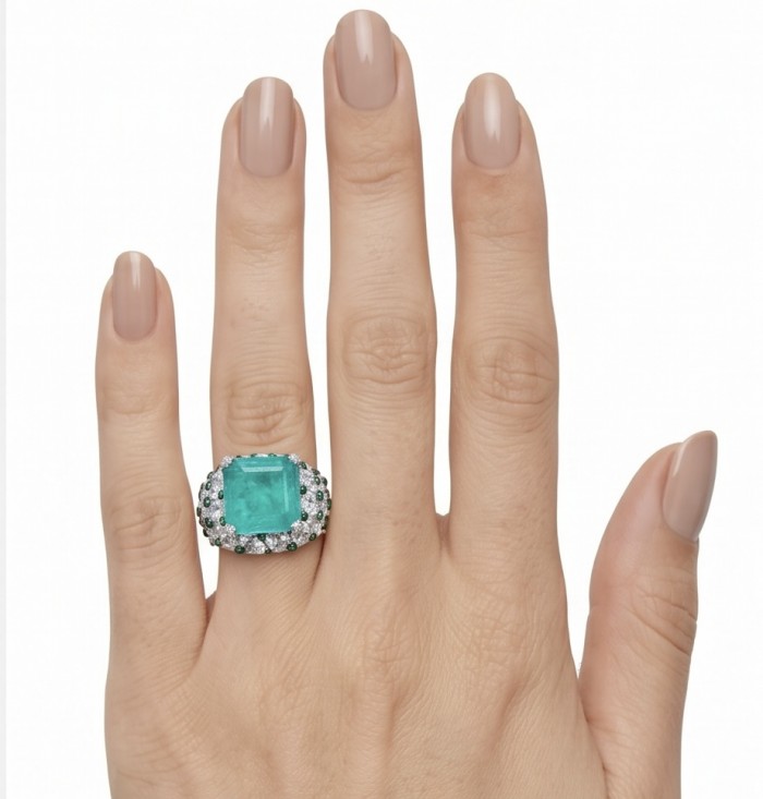 Scarlett 39.7 ctw Colombian Emerald .925 Sterling Silver dipped in 18K WHITE Gold handcrafted Statement Ring size 8 1/4 - Emerald ring worn on hand, showcasing large stone and silver setting.
