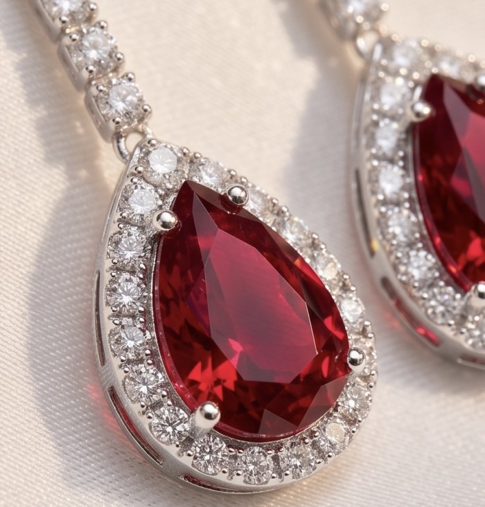 Giovanna - Magnificent Jewel 4.5 carat Ruby .925 Sterling Silver handcrafted incredible earrings - Close-up of Giovanna 4.5 carat ruby with diamond accents in sterling silver