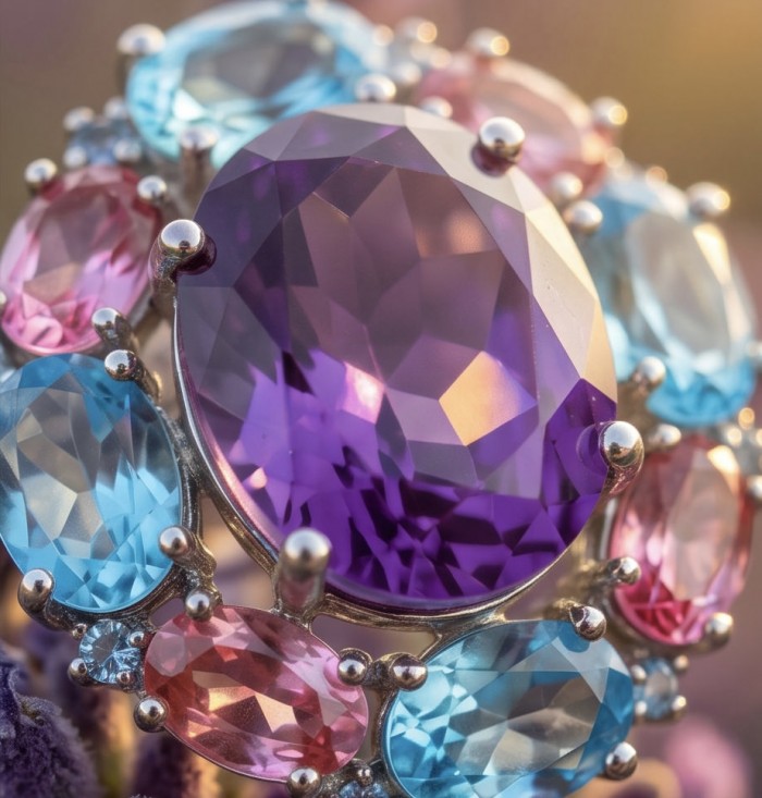 Francesca TOP QUALITY Genuine 33.7 carat Brazilian Amethyst rhodium over .925 Sterling Silver handcrafted Statement Ring size 7 1/4 - Close-up of colorful amethyst and gemstone cluster ring.