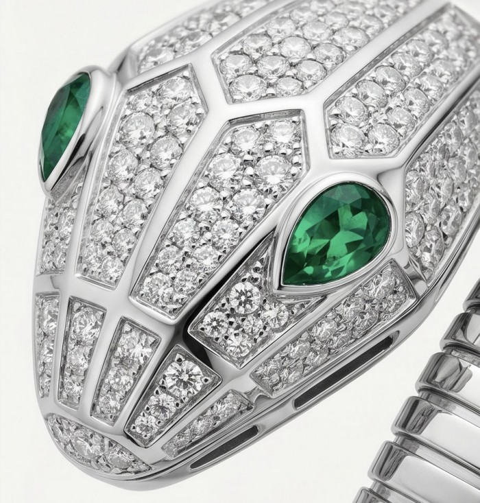 SERPENTINE Precious Snake Genuine 4.2 carat Emerald 925 Sterling Silver handcrafted Bracelet - Close-up of snake head with emerald eyes and diamond details