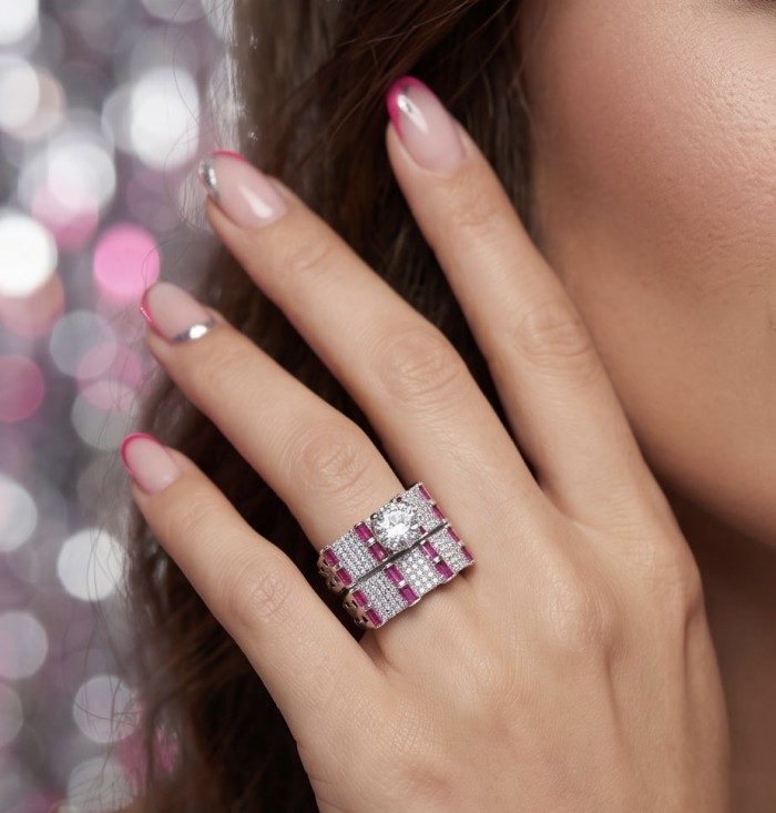 Extravaganza White Topaz Ruby .925 Sterling Silver brilliantly handcrafted stack up ring s. 6 - Hand with pink manicure wearing Extravaganza White Topaz Ruby rings