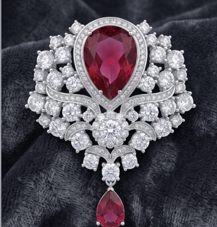 Heirloom Genuine 23.7 carat Kasmir Ruby .925 Sterling Silver handmade Pendant - Brooch - Close-up of intricate brooch with large ruby and diamonds on velvet background.