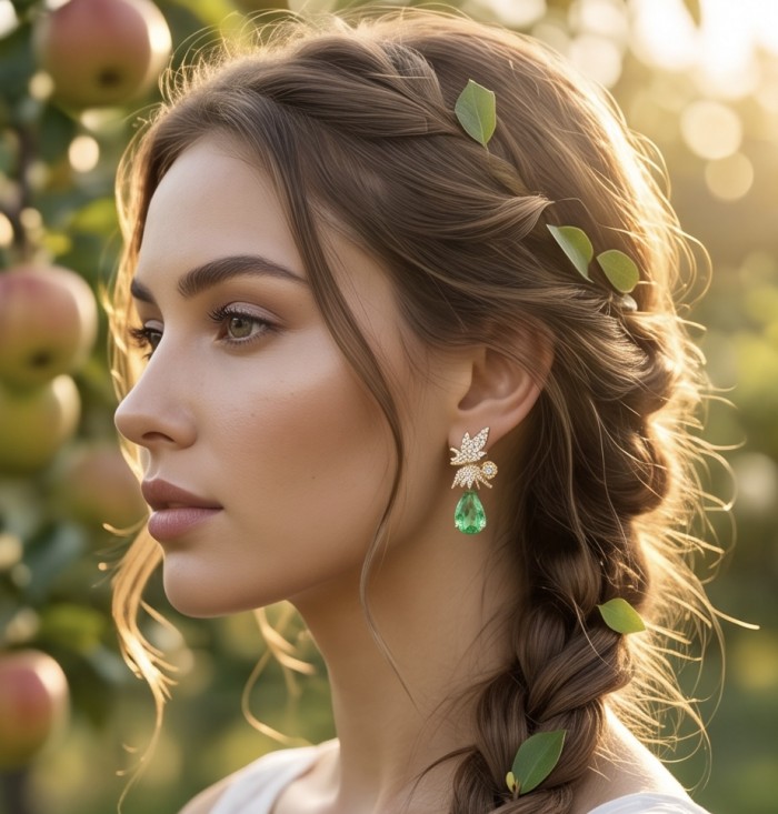 Luzurious 7.9 carat authentic Himalayan Peridot .925 Sterling Silver dipped in 14K Gold Handcrafted Statement Earrings - Side view of woman wearing Himalayan Peridot earrings in garden setting