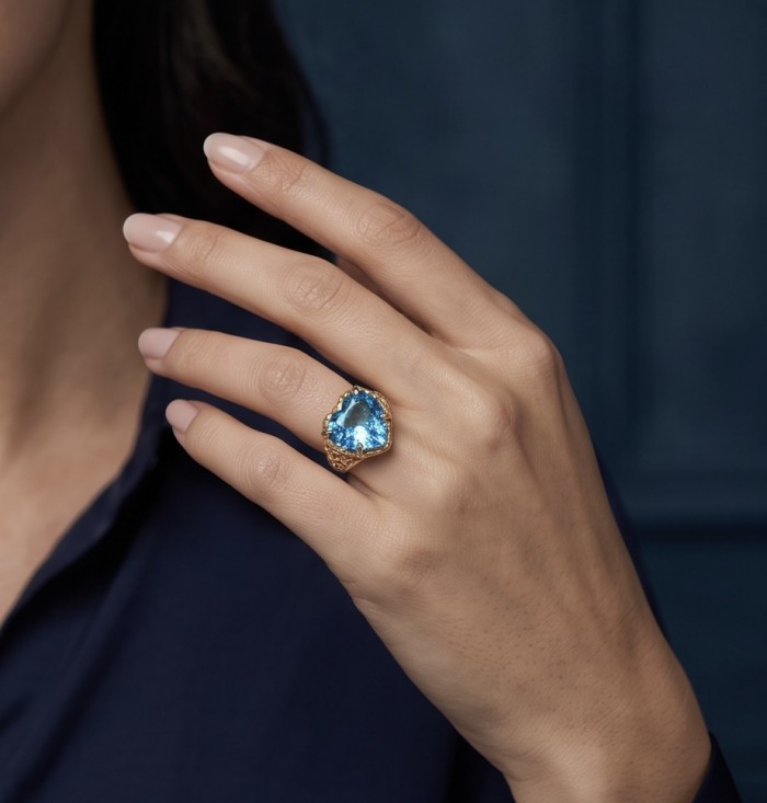 Blue Angel's Heart Natural heart cut 12.2 carat Swiss Blue Topaz Enamel .925 Sterling Silver dipped in 22K Gold handmade Statement Ring size 7 - Worn on hand, Blue Angel's Heart ring with 12.2 ct Swiss Blue stone