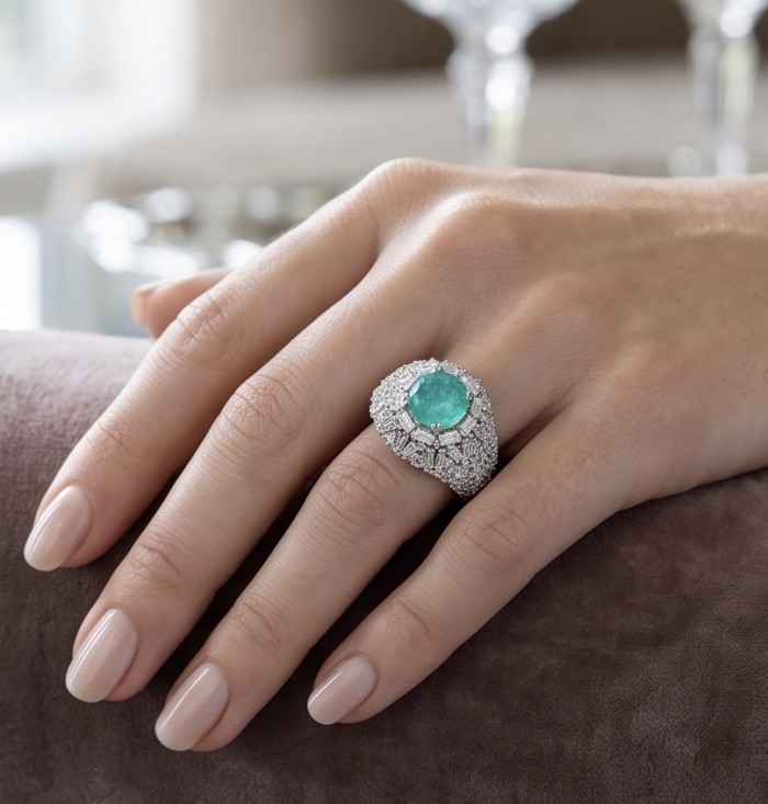 Elizabeth round cut 6.2 carat Colombian Emerald .925 Sterling Silver dipped in Rhodium handcrafted Ring size 9 - Emerald ring worn on hand, showcasing Elizabeth round cut design.